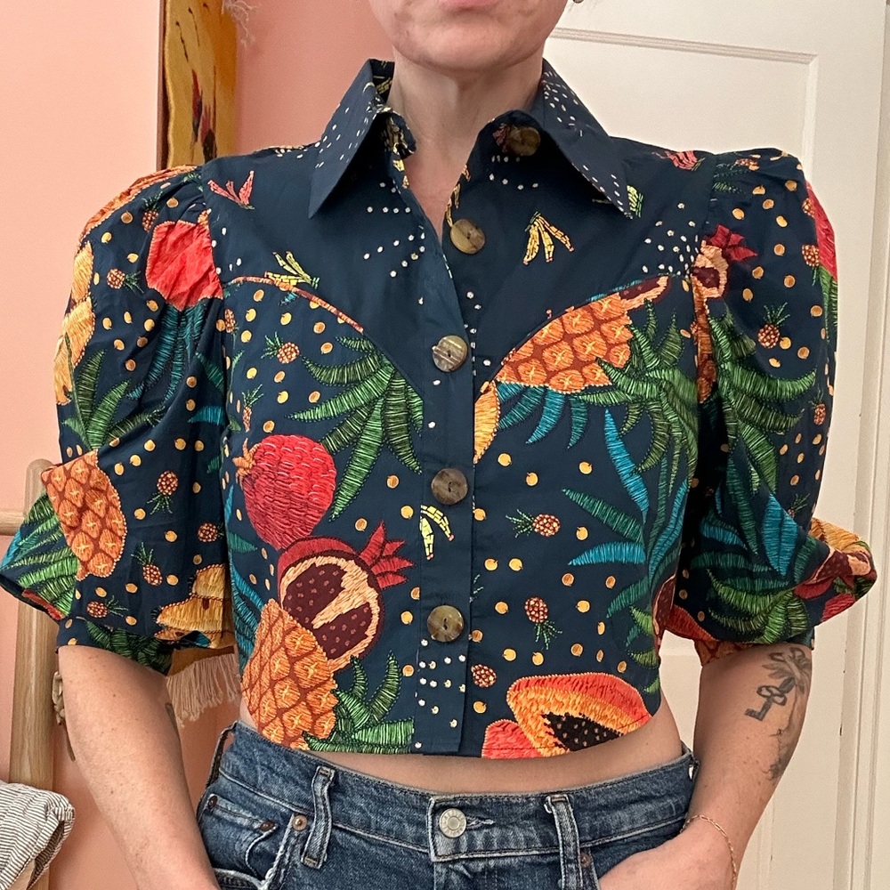 FARM Rio / Fruit Forest western-cut cropped shirt with puff sleeves Sz S